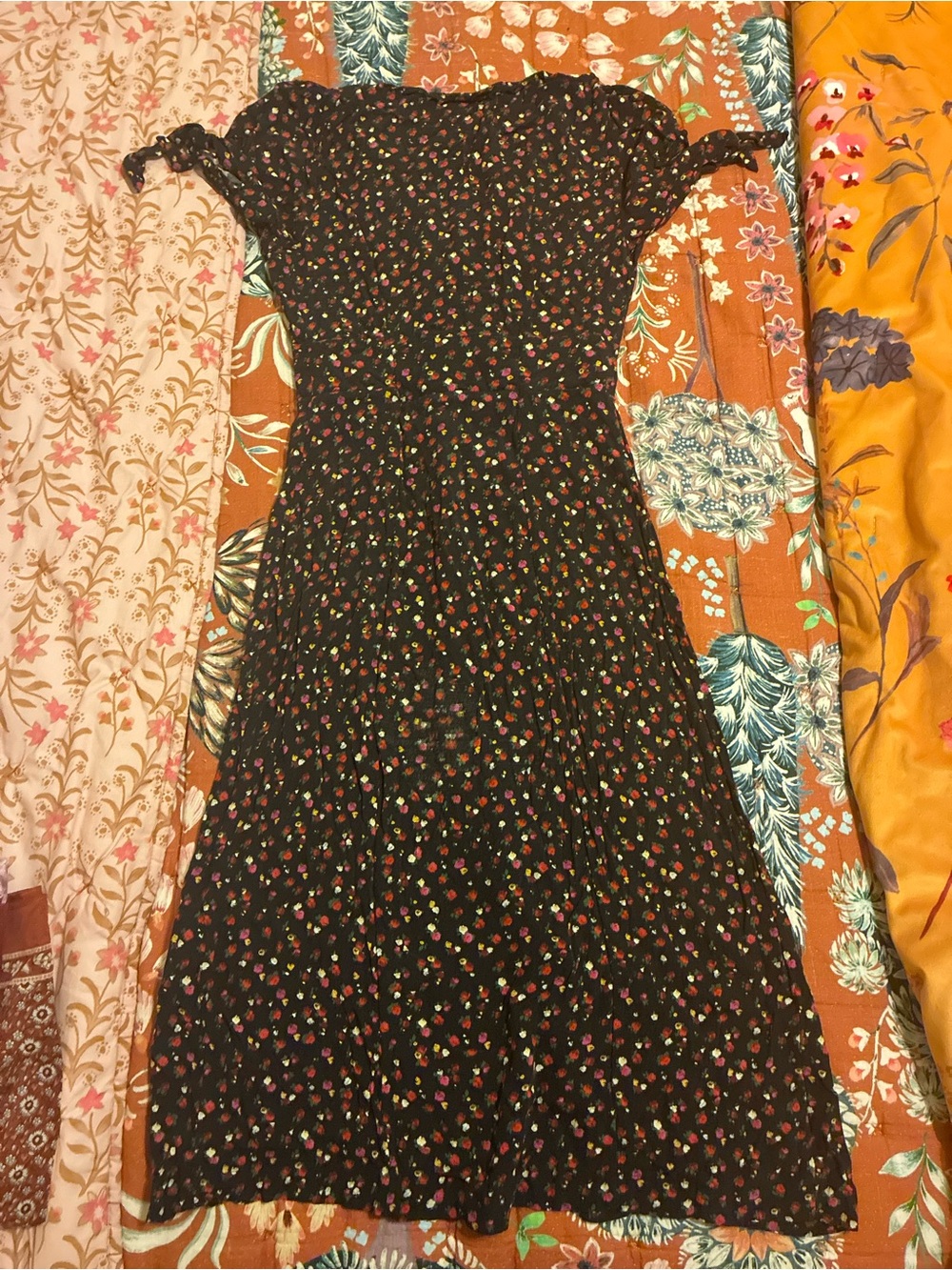 Rouje Navy Dress with Pink & Green Ditsy Floral Print - Picture 2 of 5